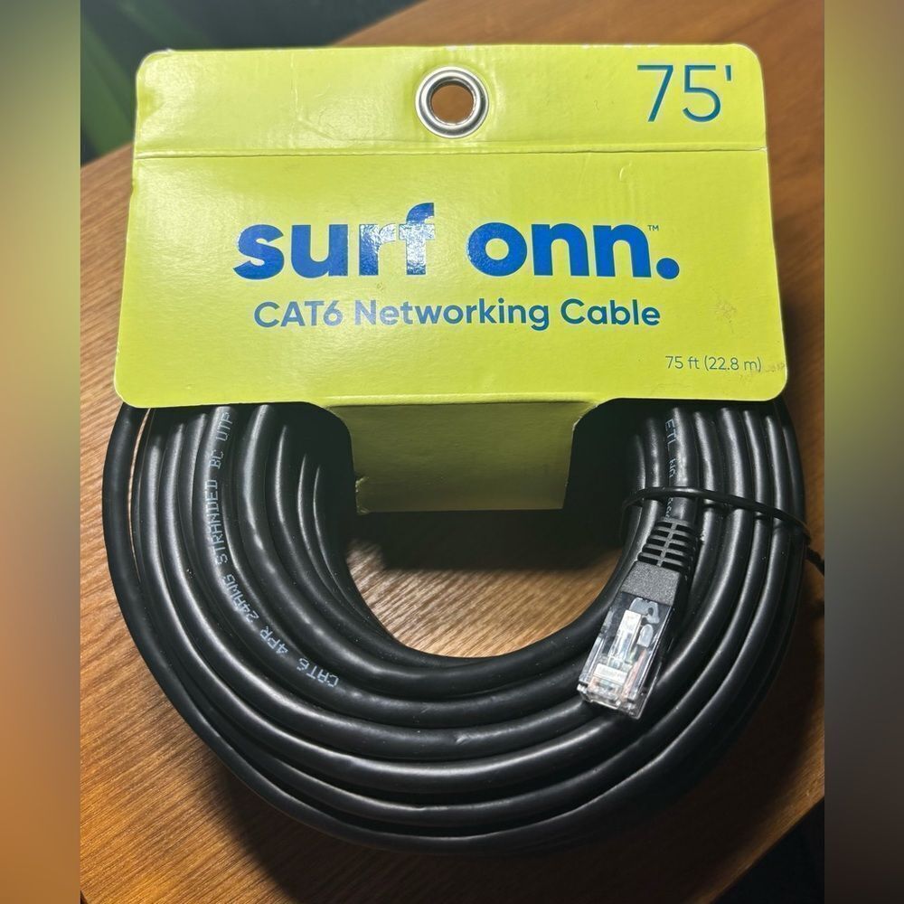 New onn 75' CAT6 Networking Cable, Black NWT